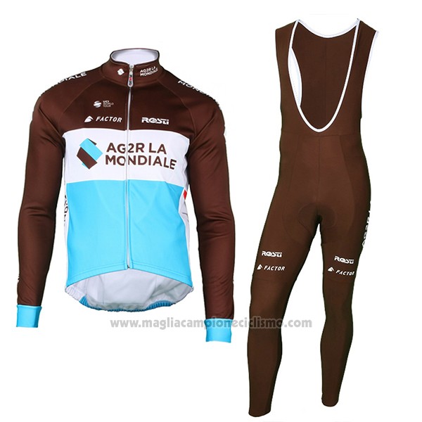 2018 Abbigliamento Ciclismo Ag2r La Mondiale Marrone Manica Lunga e Salopette